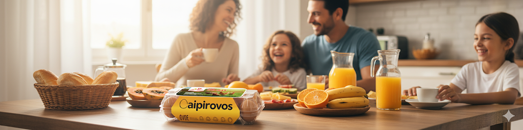 Família feliz tomando café da manhã com ovos Caipirovos